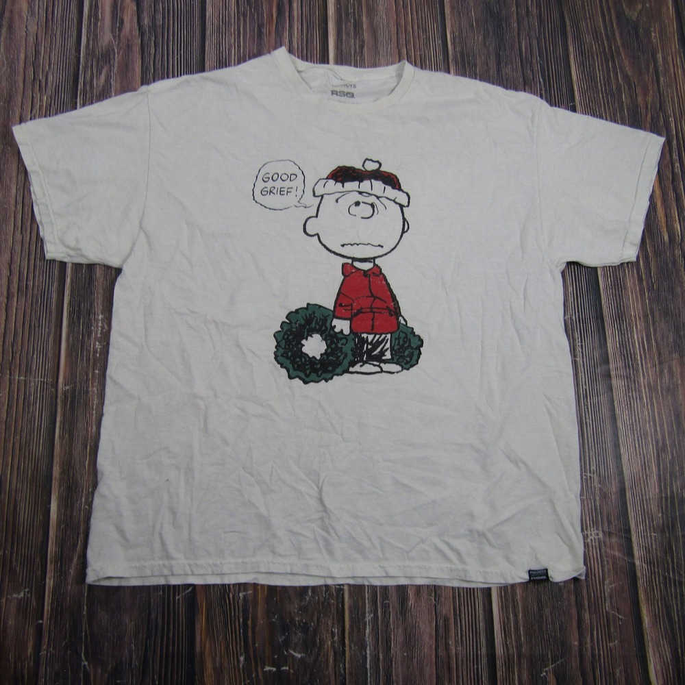 RSQ Peanuts T-Shirt Mens Large White Charlie Brown Good Grief Christmas Holiday